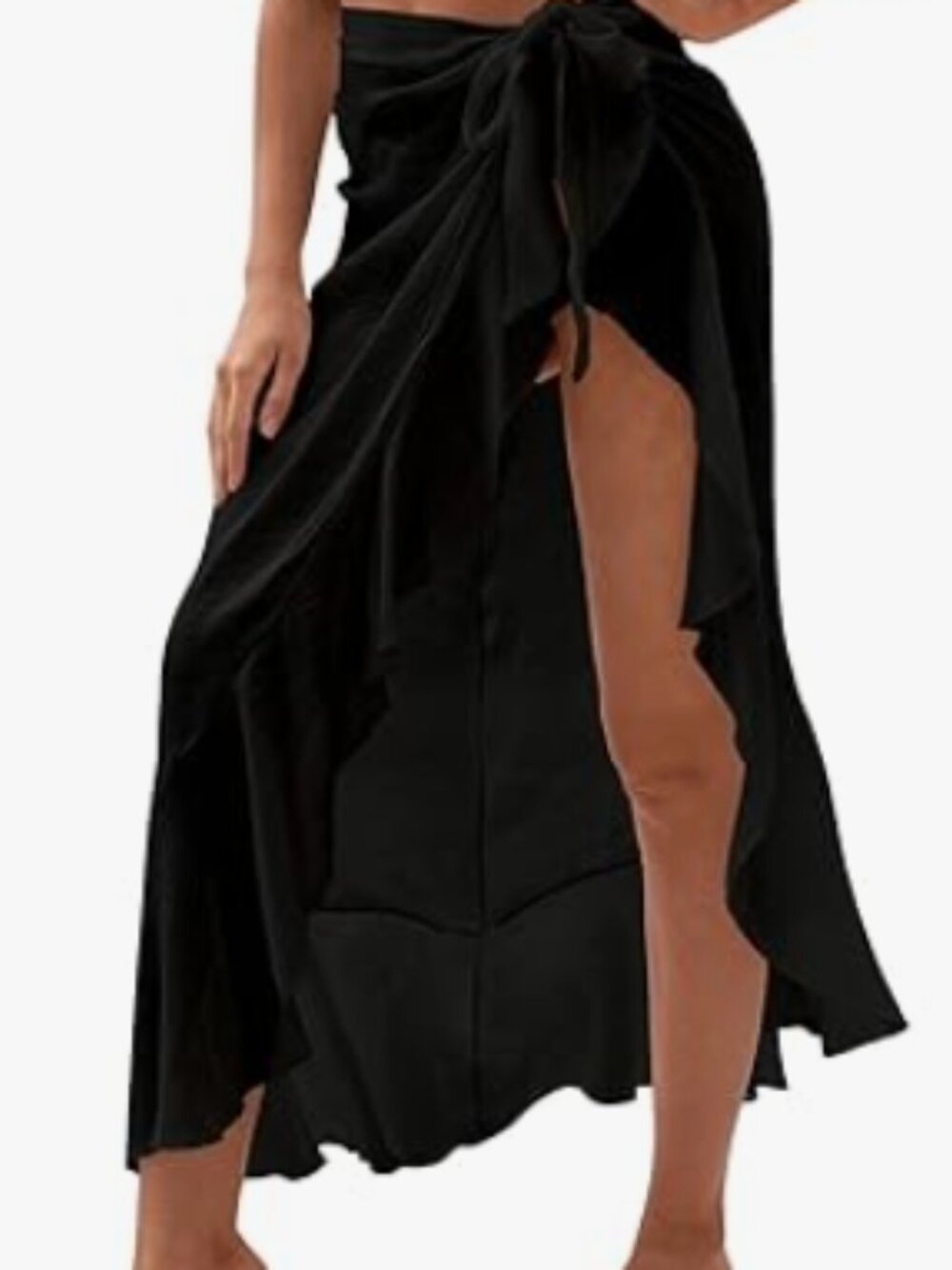 Sarong Beach Swimsuit Coverup Chiffon Skirt, Frill Detail, Side Tie Black Size M